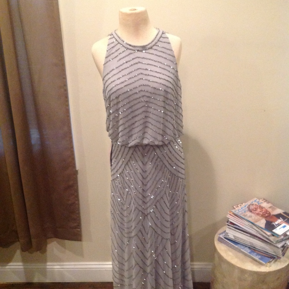 Adrianna Papell silver grey beaded Art Deco gown😍
